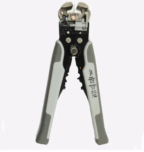 Yellow automatic wire stripper and crimping tool with adjustment screw for 10-24 AWG cables