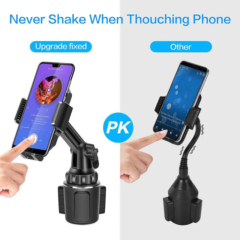 Black ABS car phone holder with adjustable height and 360-degree rotation for mobile devices