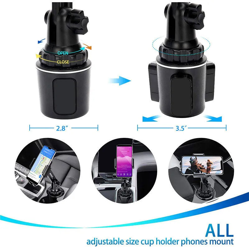 Black ABS car phone holder with adjustable height and 360-degree rotation for mobile devices