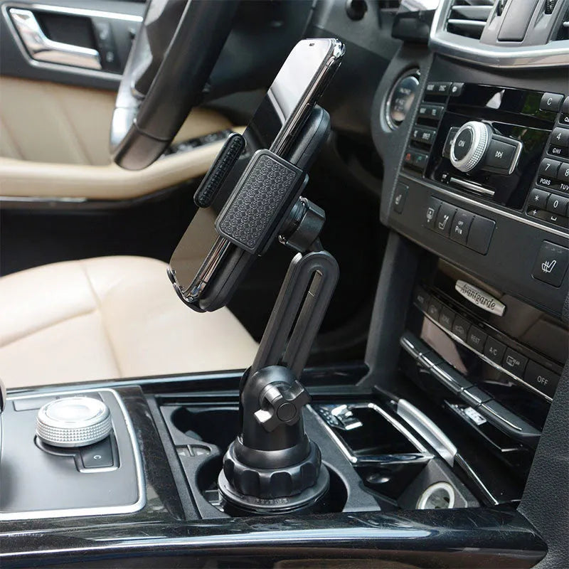 Black ABS car phone holder with adjustable height and 360-degree rotation for mobile devices