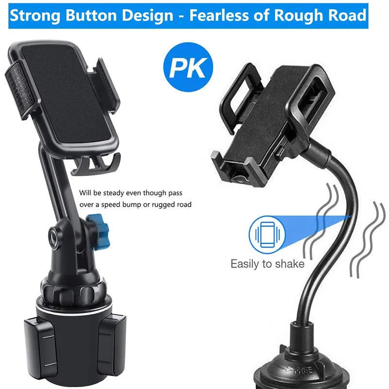 Black ABS car phone holder with adjustable height and 360-degree rotation for mobile devices
