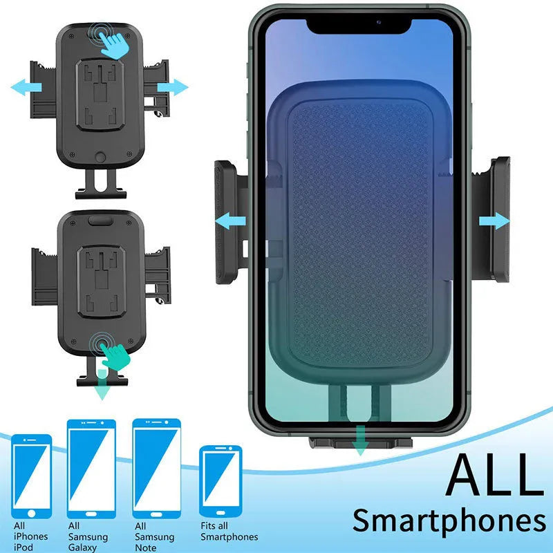 Black ABS car phone holder with adjustable height and 360-degree rotation for mobile devices