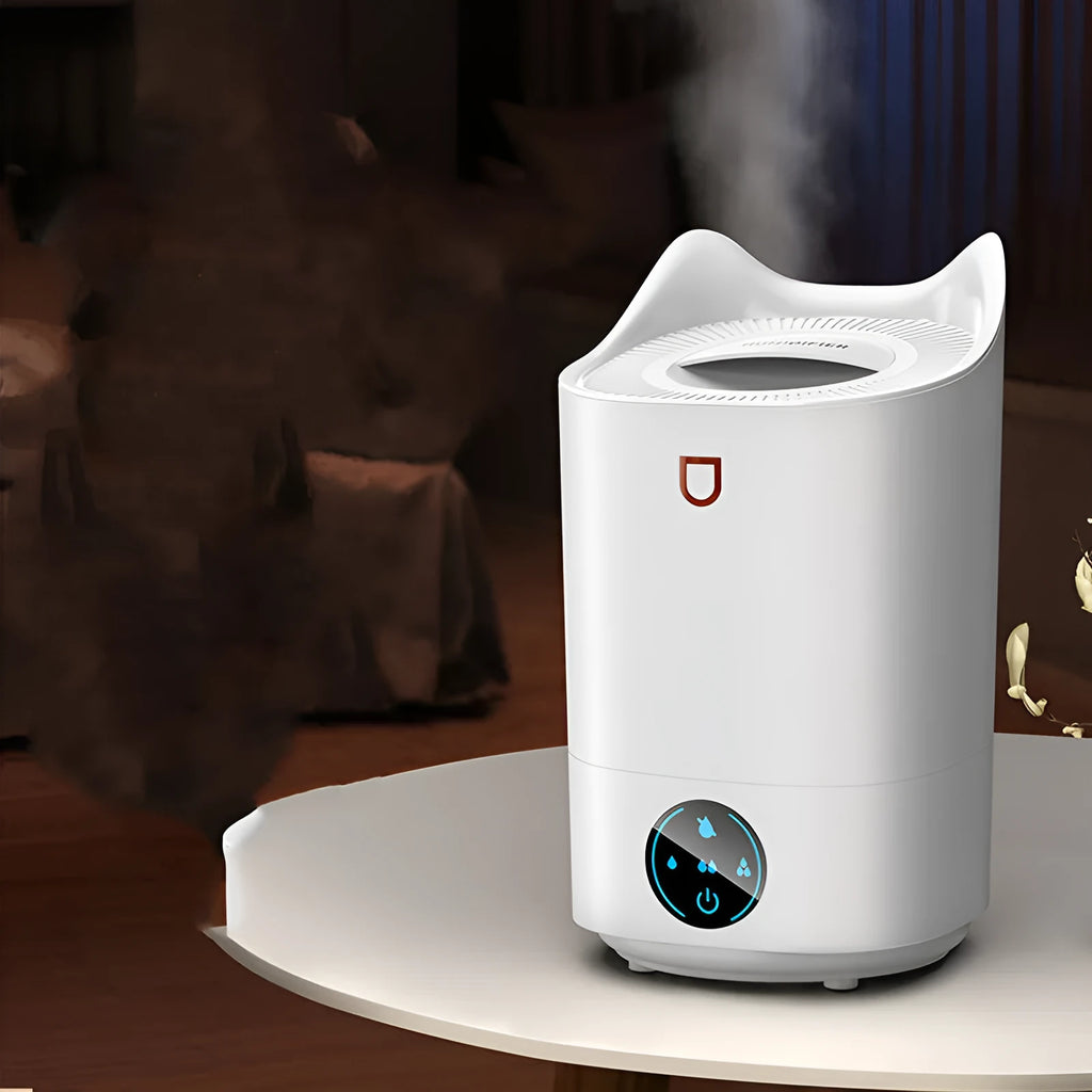 Double spray humidifier with three mist outlets in coral pink colour with USB cable