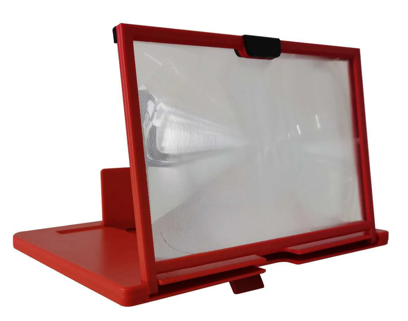 Black desktop mobile phone screen magnifier holder with lazy bracket on a wooden desk.
