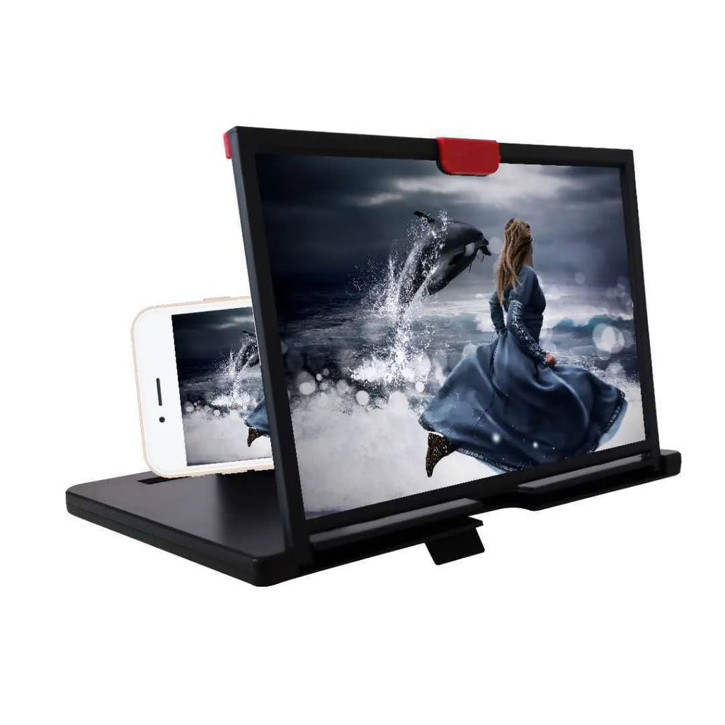 Black desktop mobile phone screen magnifier holder with lazy bracket on a wooden desk.