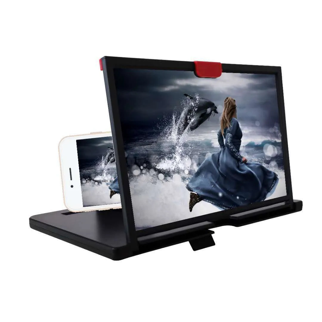Black desktop mobile phone screen magnifier holder with lazy bracket on a wooden desk.