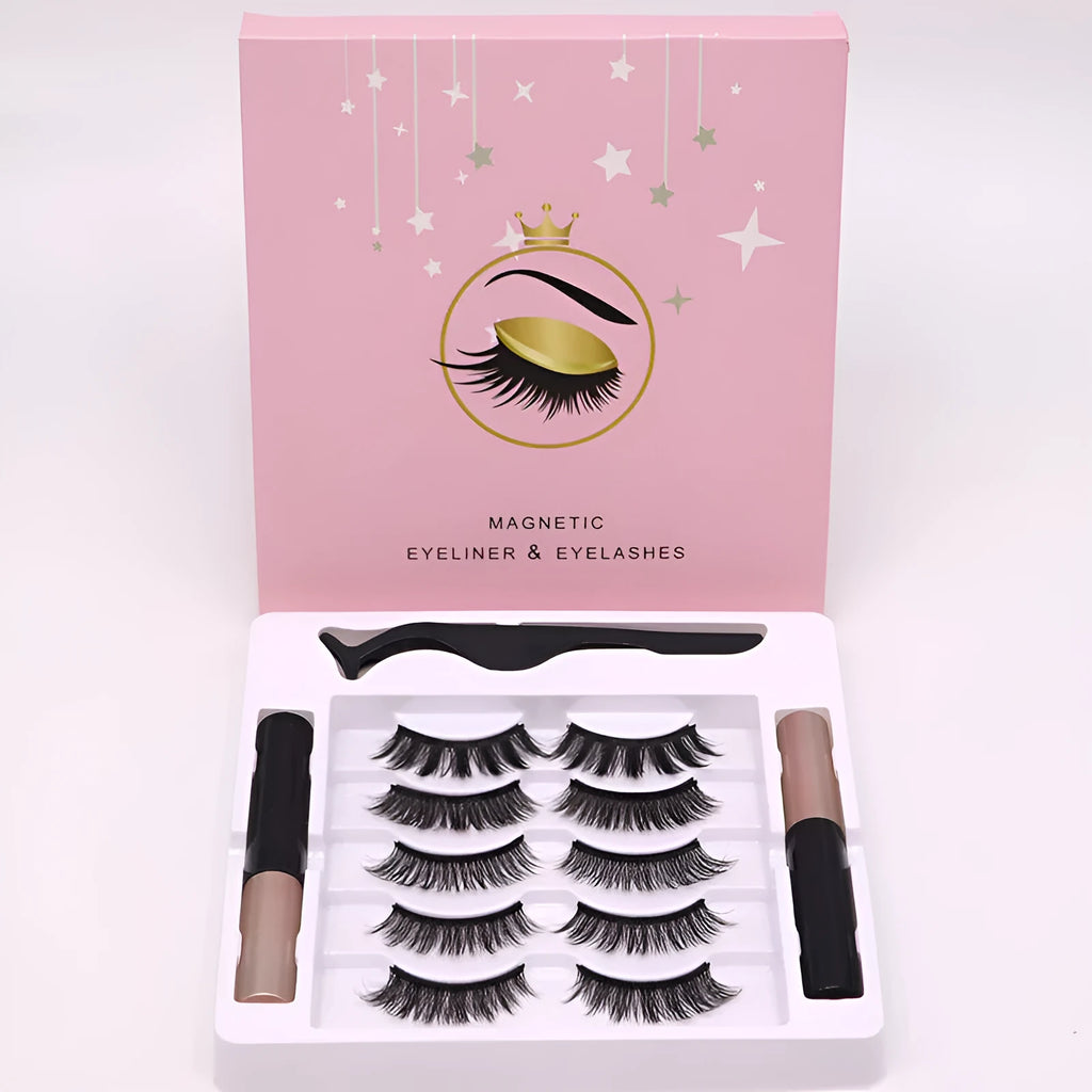 Magnetic false eyelashes and dual-purpose eyeliner set with 5 pairs of lashes.