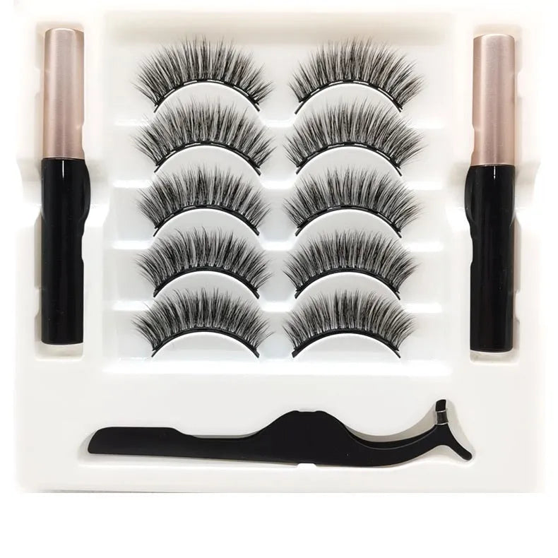 Magnetic false eyelashes and dual-purpose eyeliner set with 5 pairs of lashes.