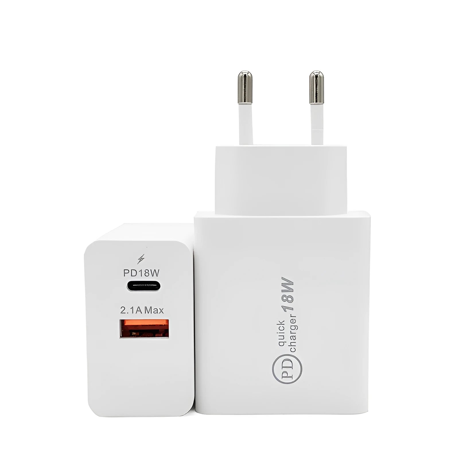 18W USB-C PD fast charger with black or white bare metal housing and US/EU plug options