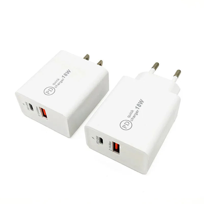18W USB-C PD fast charger with black or white bare metal housing and US/EU plug options
