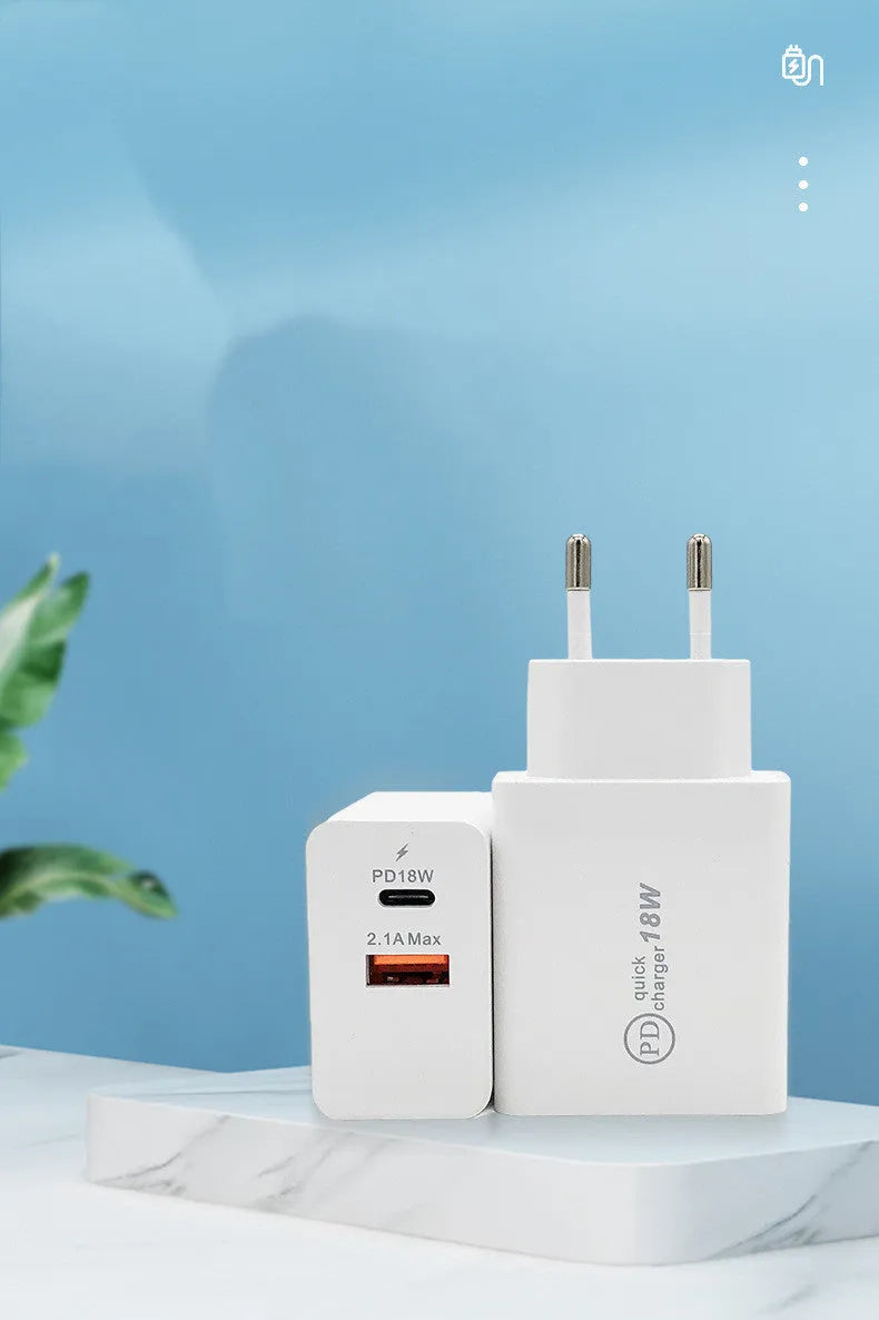 18W USB-C PD fast charger with black or white bare metal housing and US/EU plug options