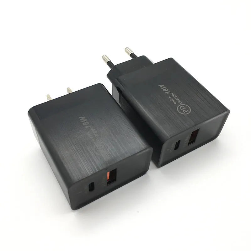 18W USB-C PD fast charger with black or white bare metal housing and US/EU plug options