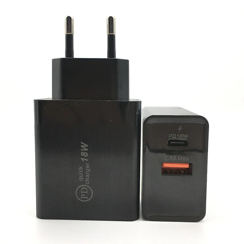 18W USB-C PD fast charger with black or white bare metal housing and US/EU plug options