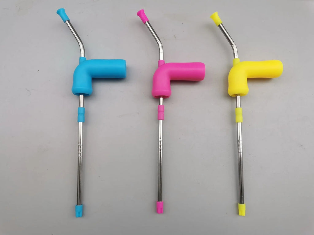 Beer snorkel straw in rose red, blue, and yellow for fast bottle drinking