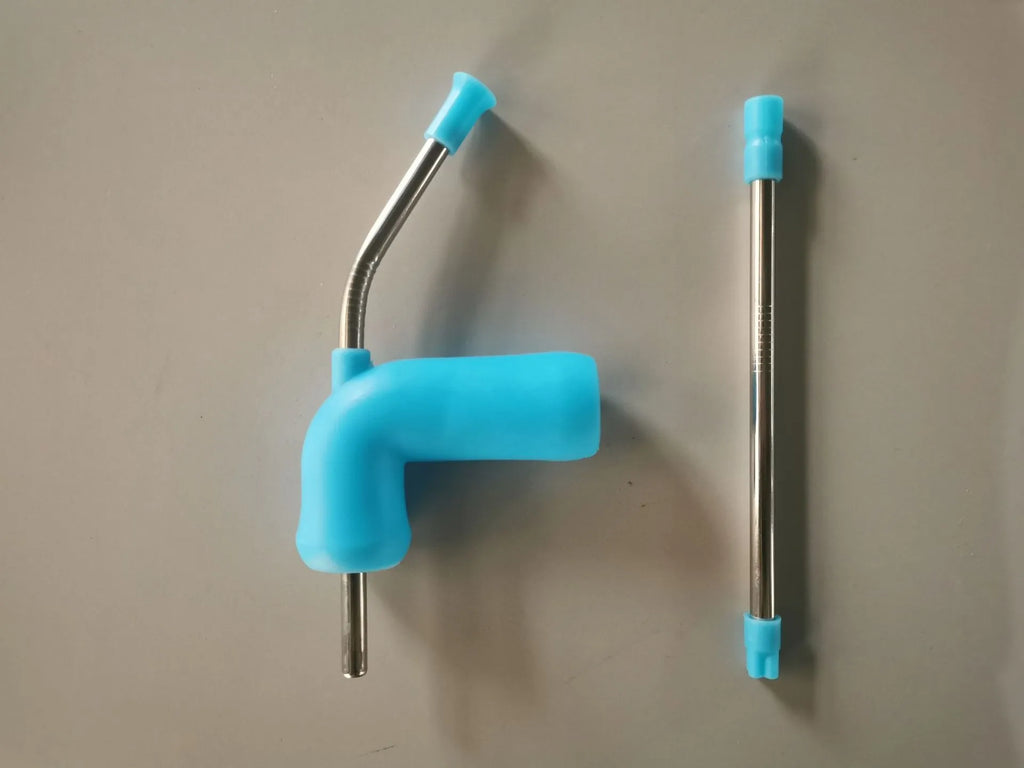 Beer snorkel straw in rose red, blue, and yellow for fast bottle drinking