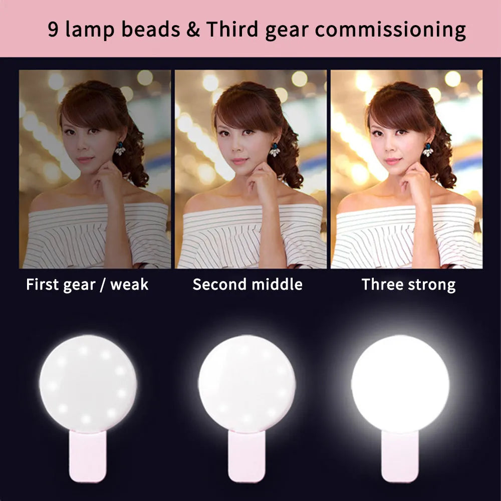 Round clip-on mini fill light for mobile phones in four colours with professional flash capabilities
