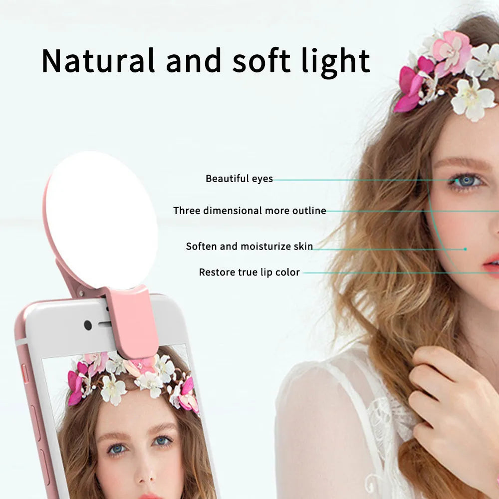 Round clip-on mini fill light for mobile phones in four colours with professional flash capabilities