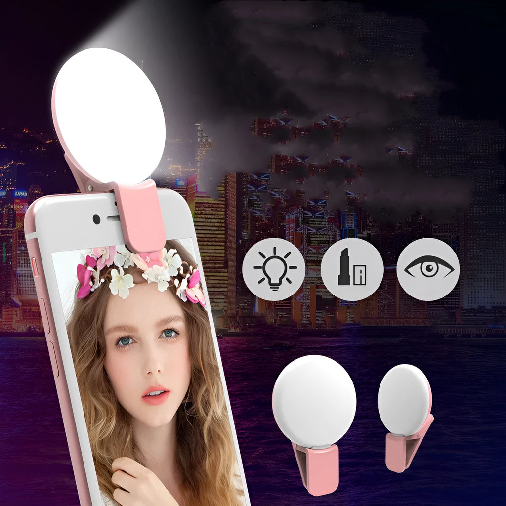 Round clip-on mini fill light for mobile phones in four colours with professional flash capabilities