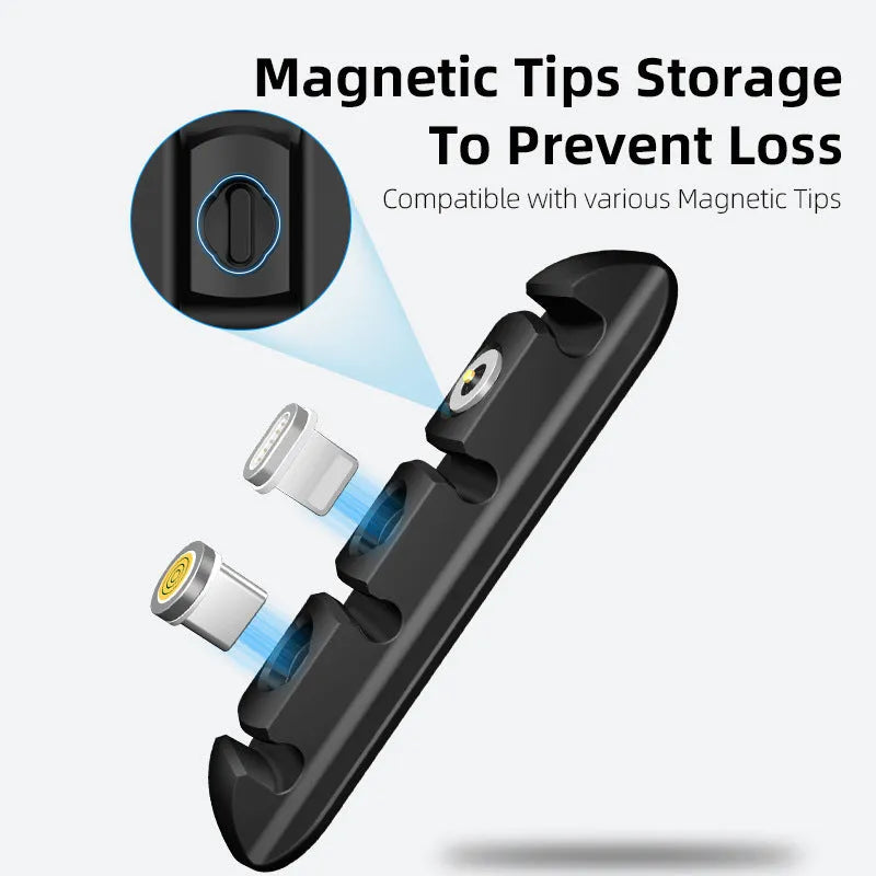Black soft plastic desktop charging base stand with magnetic data cable organizer.