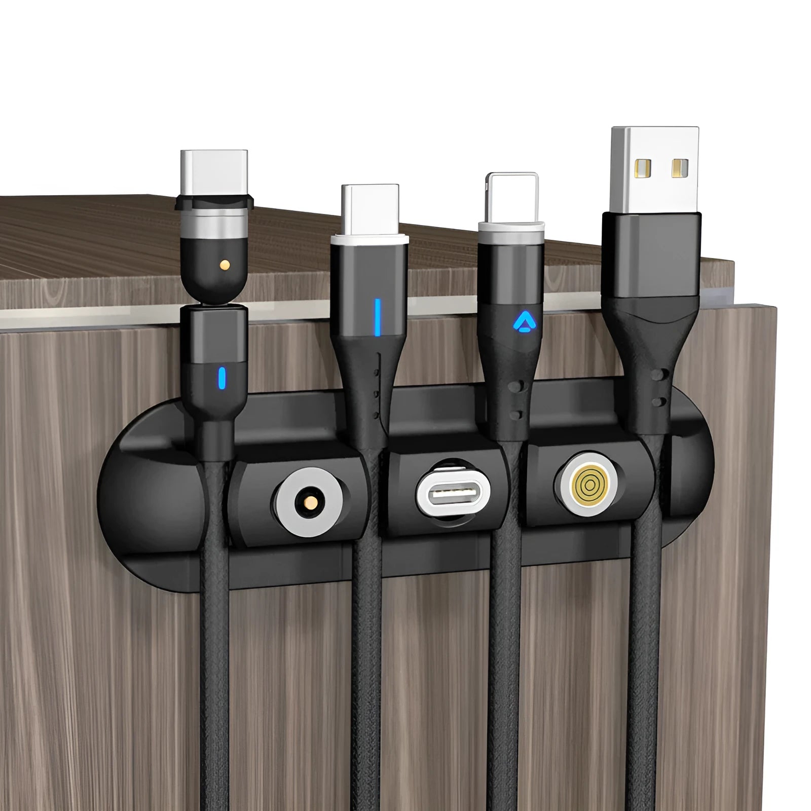 Black soft plastic desktop charging base stand with magnetic data cable organizer.