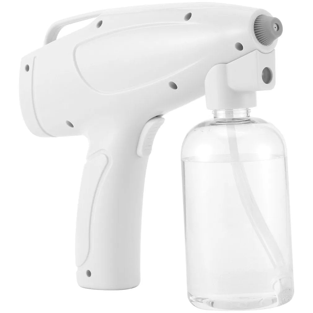 White handheld cordless electric spray disinfection gun with USB charging port.
