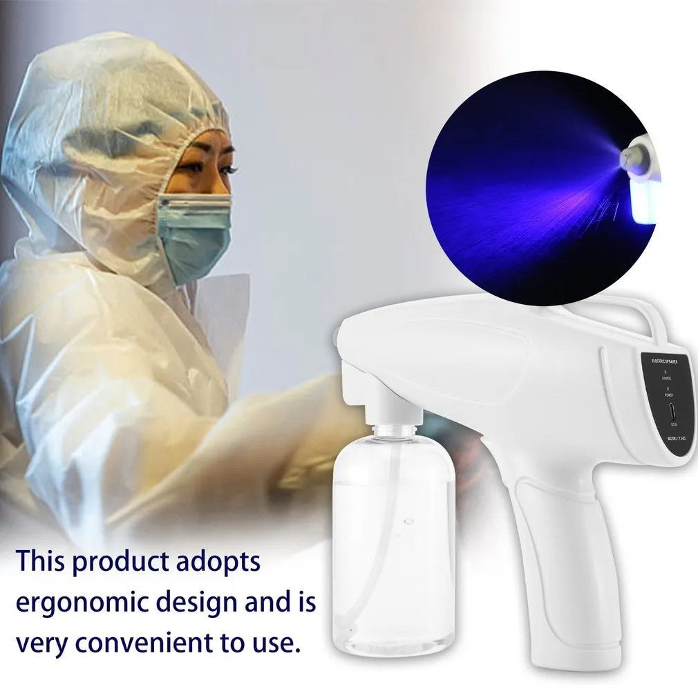 White handheld cordless electric spray disinfection gun with USB charging port.