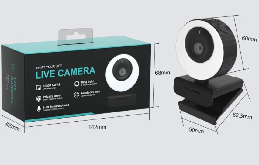 Black USB webcam with 1080p resolution, auto-focus, and a built-in microphone on a 1.7m cable