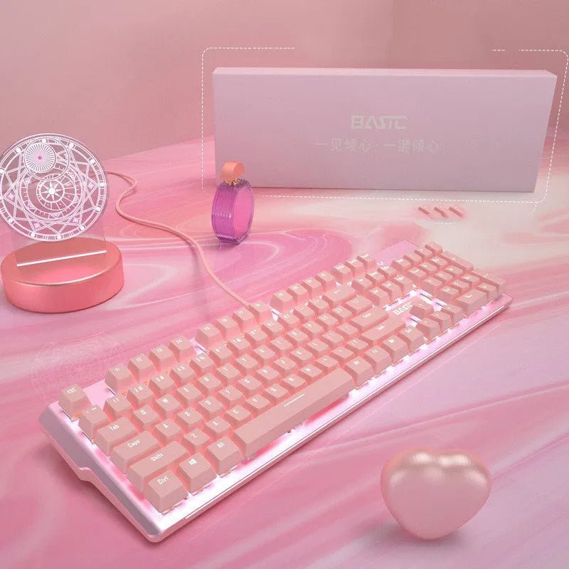 Pink mechanical gaming keyboard and matching wired mouse with rainbow backlit keys