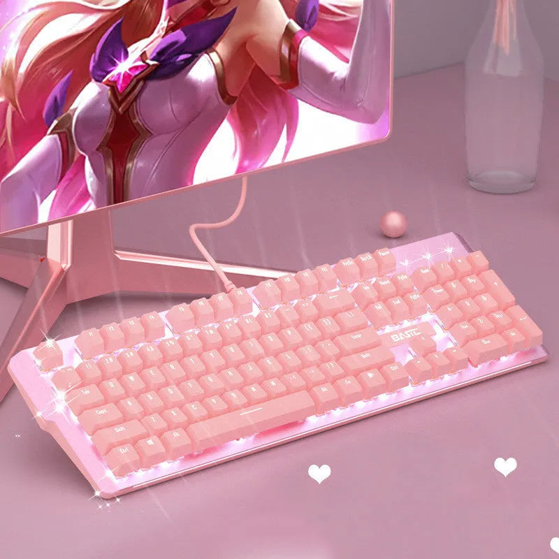 Pink mechanical gaming keyboard and matching wired mouse with rainbow backlit keys