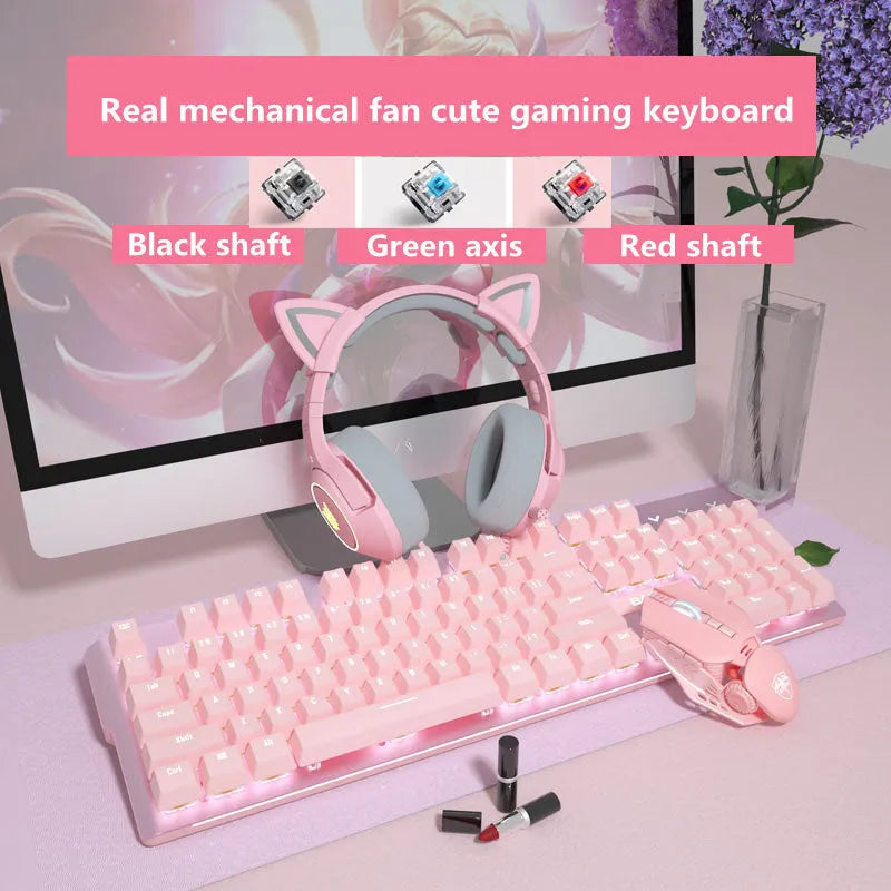 Pink mechanical gaming keyboard and matching wired mouse with rainbow backlit keys