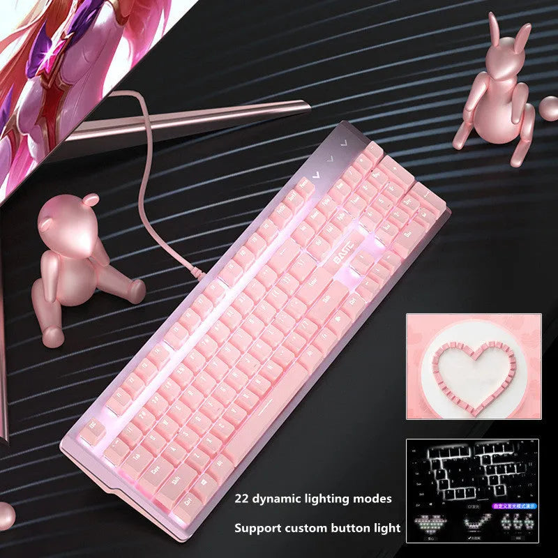 Pink mechanical gaming keyboard and matching wired mouse with rainbow backlit keys