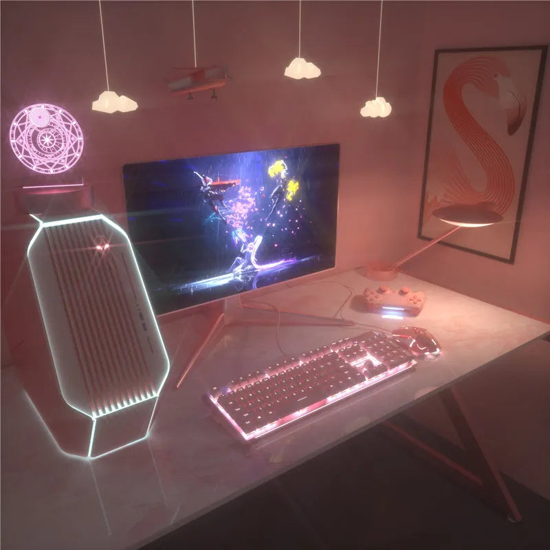 Pink mechanical gaming keyboard and matching wired mouse with rainbow backlit keys