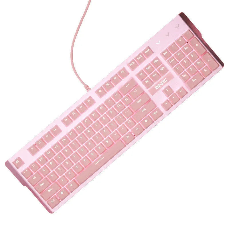 Pink mechanical gaming keyboard and matching wired mouse with rainbow backlit keys