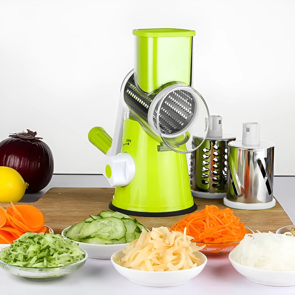 Blue multi-function vegetable chopper with suction cup base on a kitchen worktop.