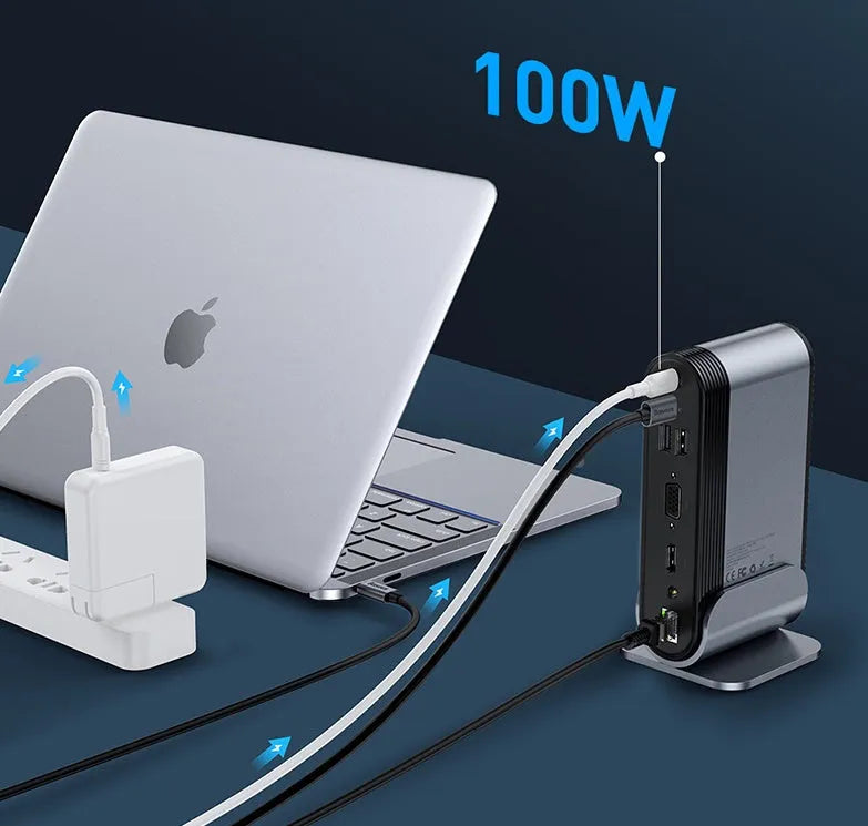 Deep space grey 16-in-1 Type-C docking station hub with multiple ports and optional power adapters on a desk.