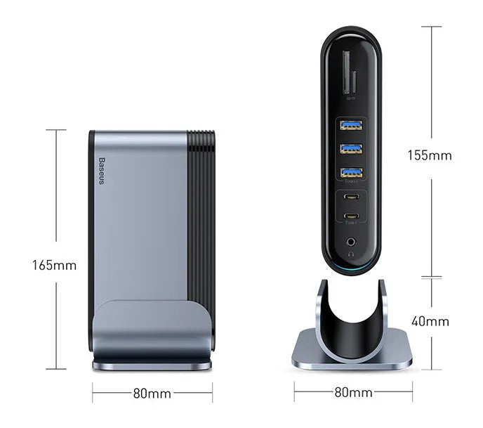 Deep space grey 16-in-1 Type-C docking station hub with multiple ports and optional power adapters on a desk.