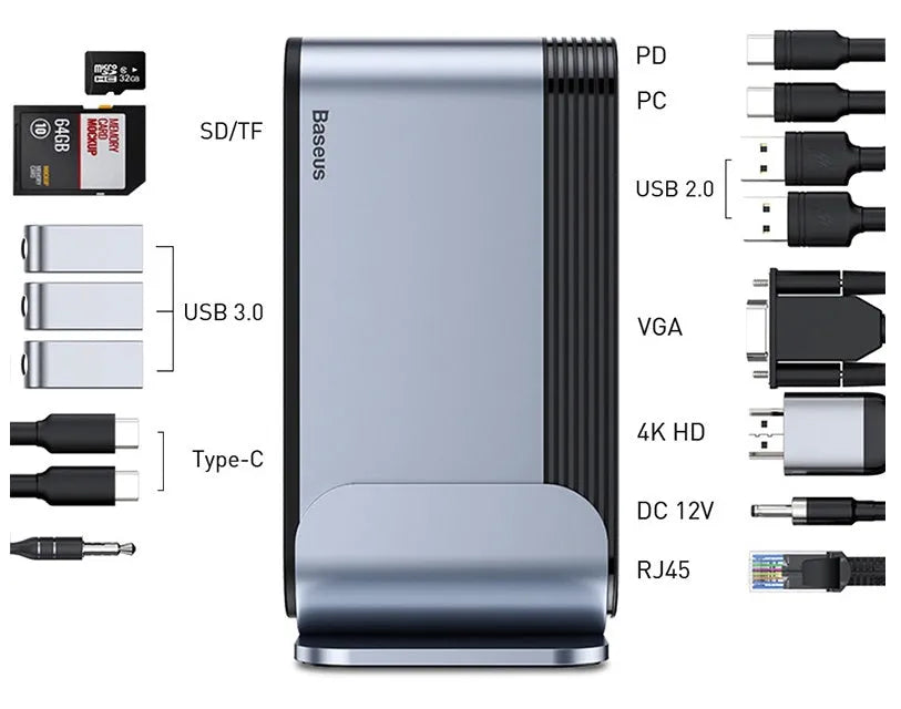 Deep space grey 16-in-1 Type-C docking station hub with multiple ports and optional power adapters on a desk.