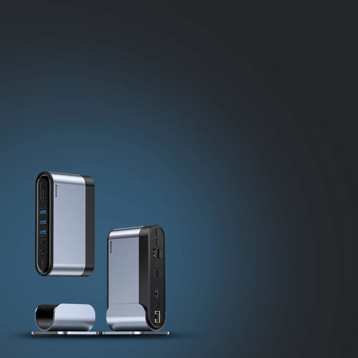 Deep space grey 16-in-1 Type-C docking station hub with multiple ports and optional power adapters on a desk.