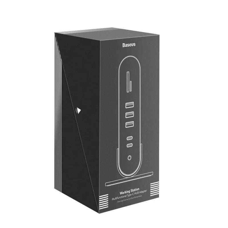 Deep space grey 16-in-1 Type-C docking station hub with multiple ports and optional power adapters on a desk.