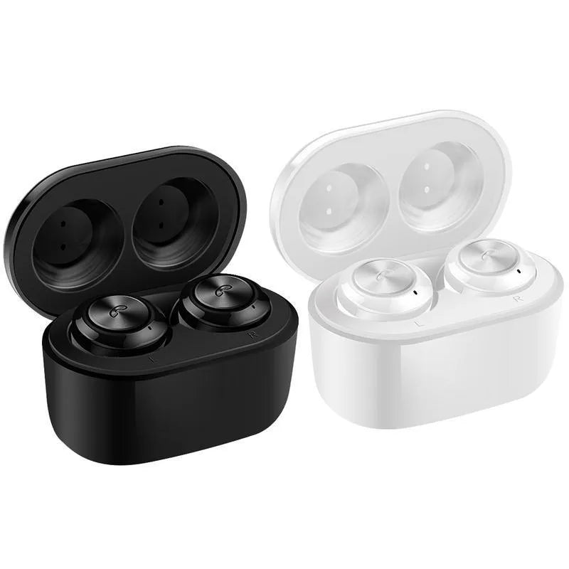 Black and white A6 TWS wireless earbuds with active noise cancelling and Bluetooth 5.0.