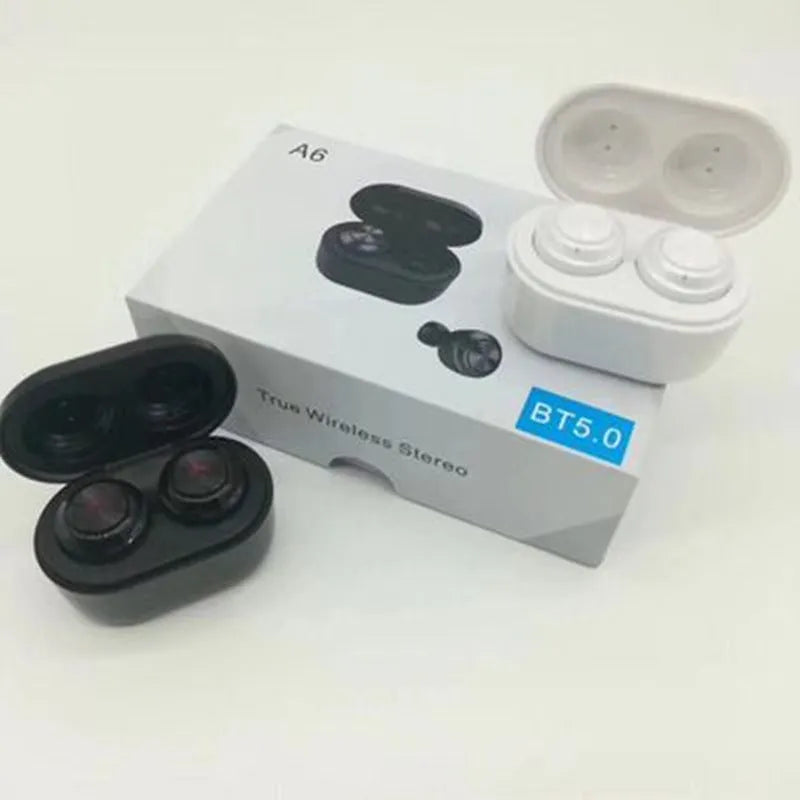 Black and white A6 TWS wireless earbuds with active noise cancelling and Bluetooth 5.0.