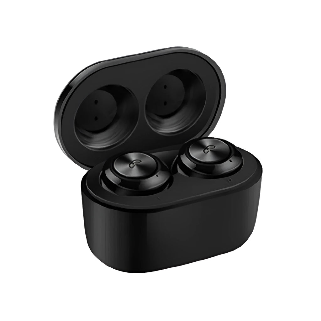 Black and white A6 TWS wireless earbuds with active noise cancelling and Bluetooth 5.0.