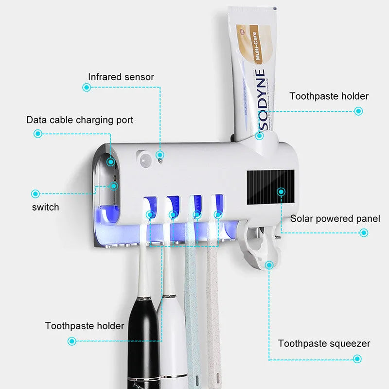 White intelligent wall-mounted UV toothbrush steriliser with automatic toothpaste squeezer unit.