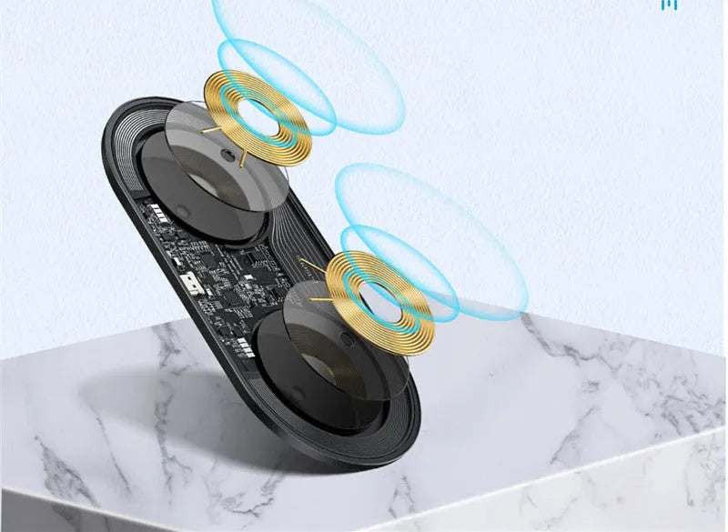 Baseus Minimalist 2-in-1 wireless charger for phone and AirPods in black, white, and transparent colours.