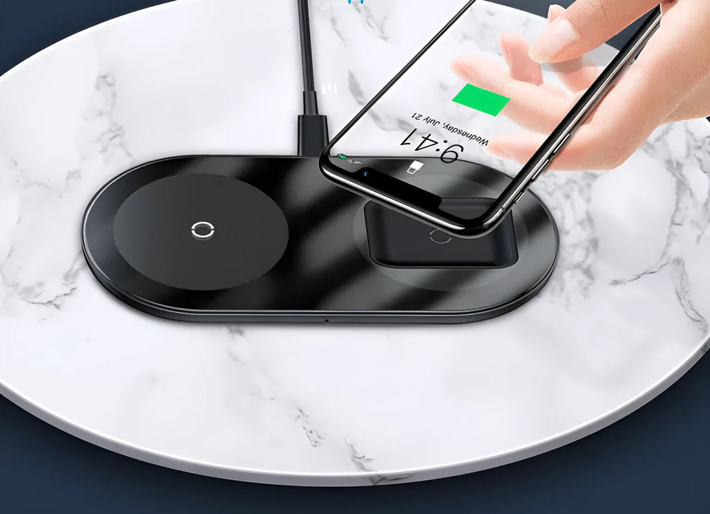 Baseus Minimalist 2-in-1 wireless charger for phone and AirPods in black, white, and transparent colours.