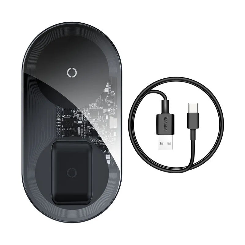 Baseus Minimalist 2-in-1 wireless charger for phone and AirPods in black, white, and transparent colours.