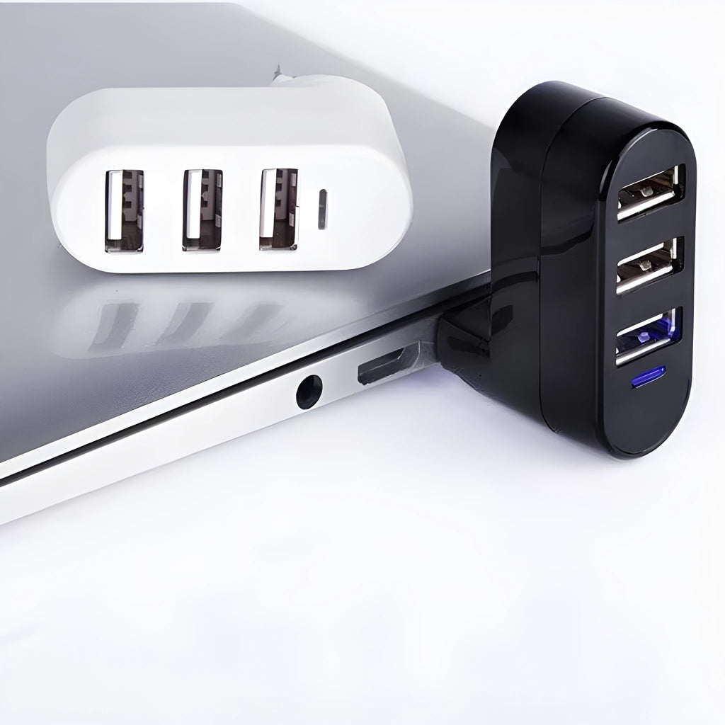 Black and white USB 2.0 hub splitter, a multi-port expansion hub for computers and laptops.