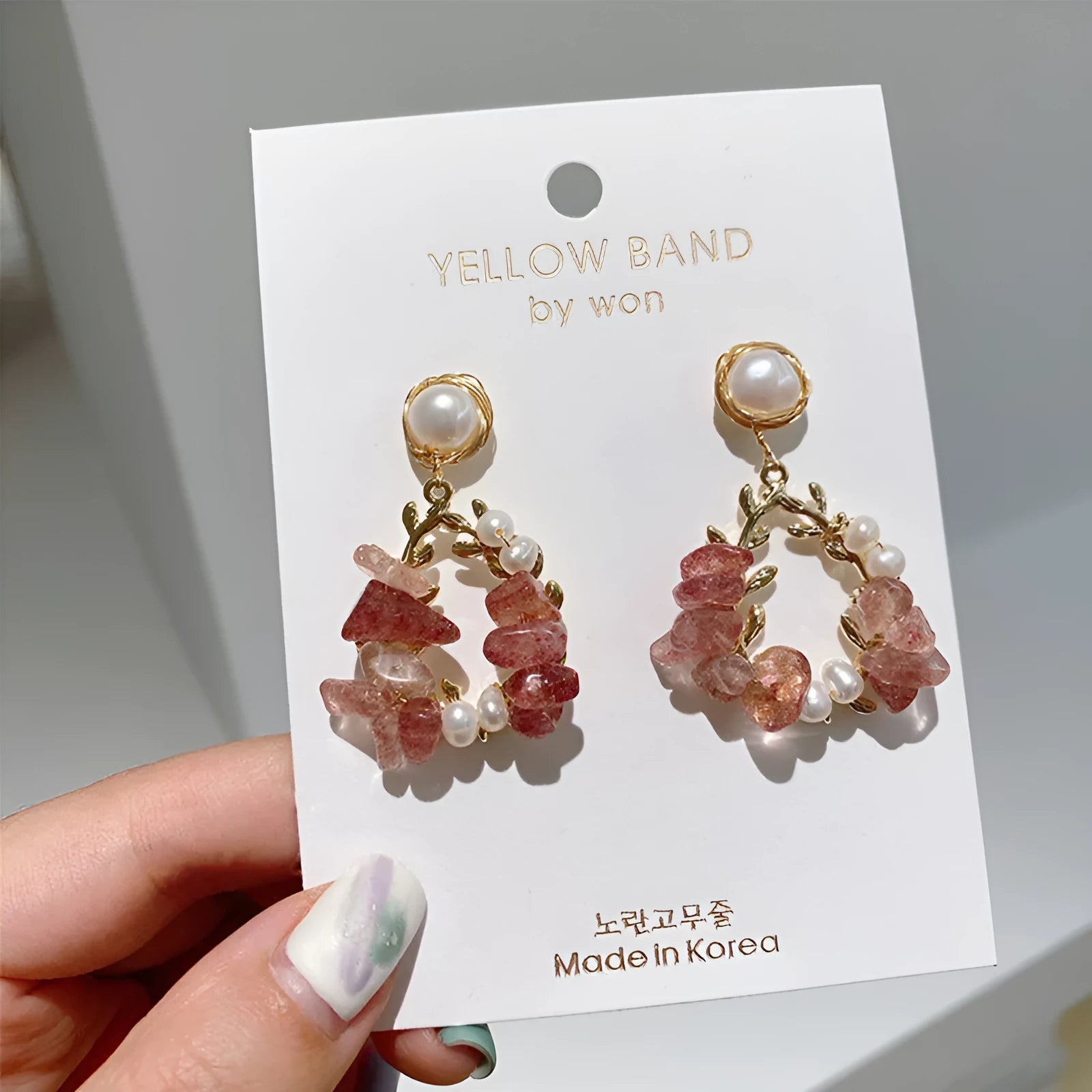 Pink crystal and pearl leaf design alloy earrings silver plated gold plated Japanese Korean style women