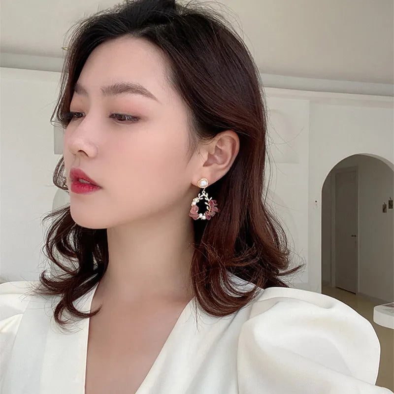 Pink crystal and pearl leaf design alloy earrings silver plated gold plated Japanese Korean style women