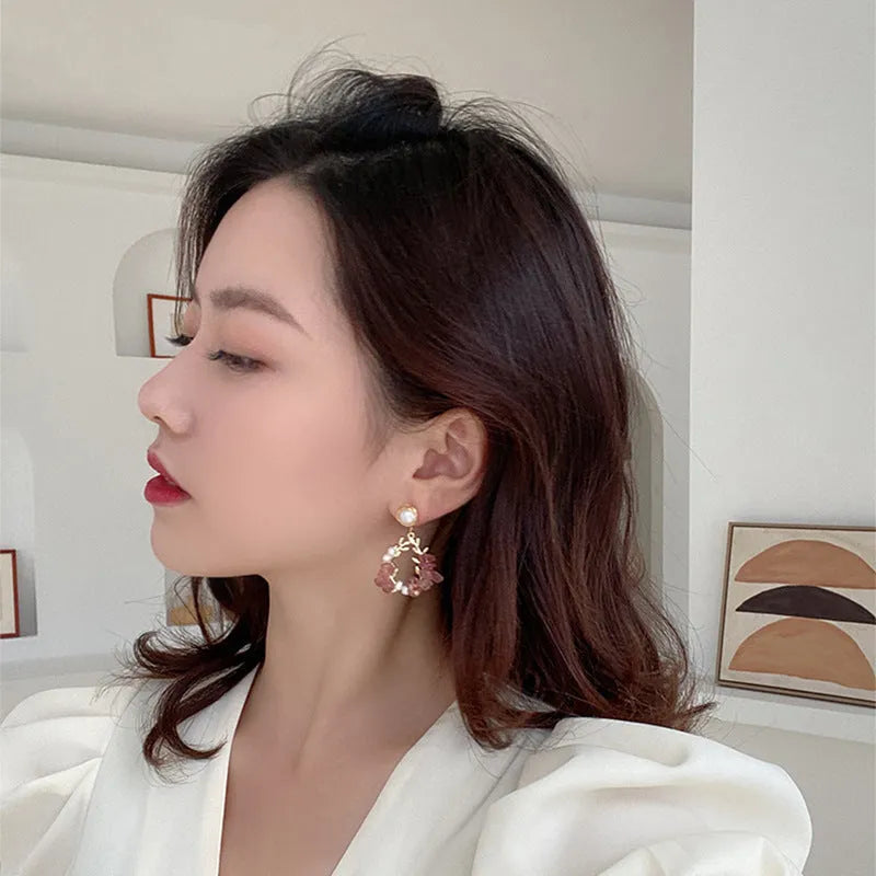 Pink crystal and pearl leaf design alloy earrings silver plated gold plated Japanese Korean style women